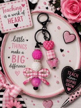 Hand Crafted Pink Gingham Bow Beaded Keychain